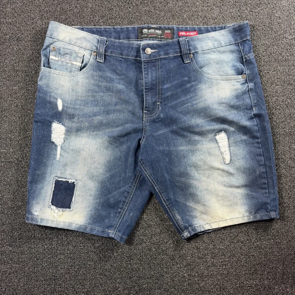 VTG Y2K Ecko Unltd Mens 40 Relaxed‎ Fit Distressed Denim Shorts Baggy Patchwork